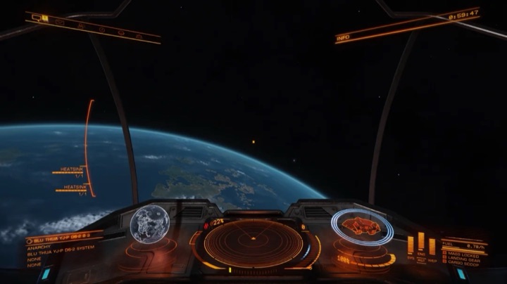 Looking down at a blue planet from a cockpit in Elite Dangerous