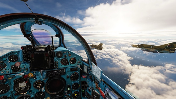 A MiG-21 cockpit in DCS World with two jets in formation above the clouds